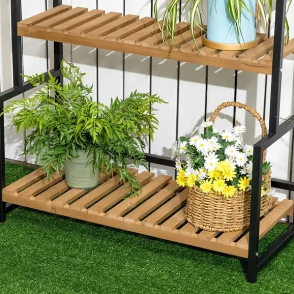 Outsunny Blomsterhylde med 3 niveauer, Naturtræ & Metal, 80x36x174cm