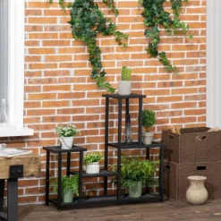 Outsunny Blomsterreol - Metal, Sort, 4 Niveauer, 91x25x83cm