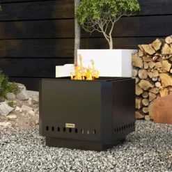Outsunny Bordfod, Firkantet Brandskål, Røgfribrandkurv med Ildrager, Bordild til Have, Camping, Terrasse, Metal, Sort