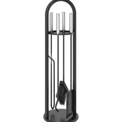 Outsunny 5-delt pejsredskabssæt i sort metal: kost, skovl, ildrager, tang og stativ