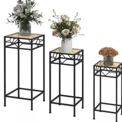 Outsunny 3-delt stabelbart plantestativ blomsterbord blomsterholder med rattan-look plantestativ til have altan metal guld