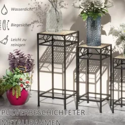 Outsunny 3-delt stabelbart plantestativ blomsterbord blomsterholder med rattan-look plantestativ til have altan metal guld