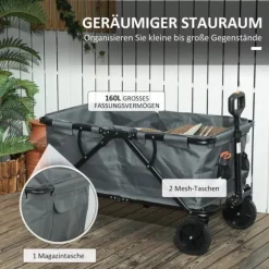 Outsunny Havevogn 160L, foldbar transportvogn med aftagelig presenning, teleskophåndtag, 360° hjul, 120 kg kapacitet, mørkegrå polyester