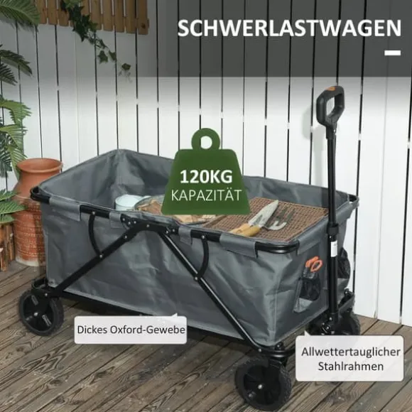 Outsunny Havevogn 160L, foldbar transportvogn med aftagelig presenning, teleskophåndtag, 360° hjul, 120 kg kapacitet, mørkegrå polyester