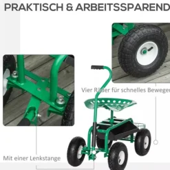Outsunny Havevogn med Drejesæde, Opbevaringskurv og Hæjdejusterbar - Grøn Metal