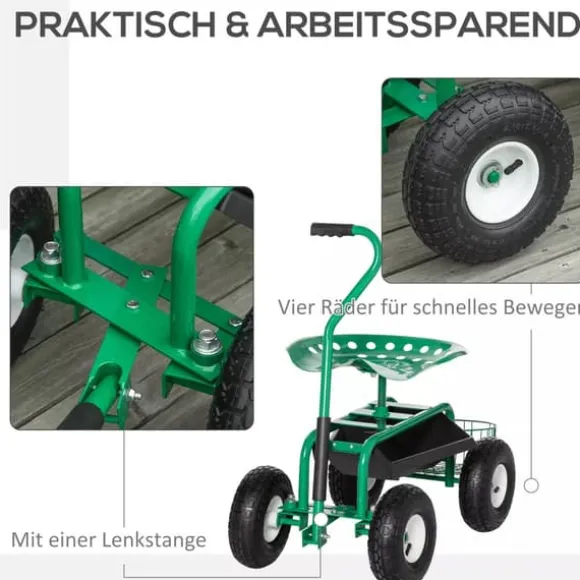 Outsunny Havevogn med Drejesæde, Opbevaringskurv og Hæjdejusterbar - Grøn Metal