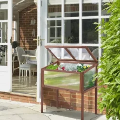 Outsunny højbed i træ, tidligt bed, dyrkningsbord, krydderurtebed, plantekasse til have, altan og terrasse, brun, fyrretræ, PC-plade, 90 x 50 x 93 cm | CDON