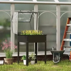 Outsunny Højbed med Drivhus, Plantekasse i Metal, 60x60x120 cm, Sort