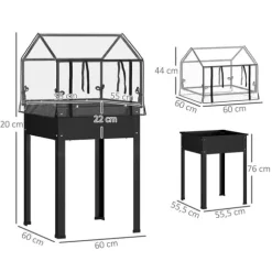 Outsunny Højbed med Drivhus, Plantekasse i Metal, 60x60x120 cm, Sort