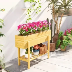 Outsunny Hjbed med Hylde, Krydderurtebed m. Drænhuller, Plantekasse i Fyrretræ, 100x30x70,5 cm Natur