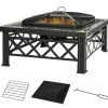 Outsunny 3-i-1 Brændes PSkål, Ildkurv, Ildsted med Gnistskærm, Grillrist, Iskøler, Have BBQ Sort 76x76x47cm (Skifer, Stål)