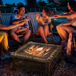 Outsunny 3-i-1 Brændes PSkål, Ildkurv, Ildsted med Gnistskærm, Grillrist, Iskøler, Have BBQ Sort 76x76x47cm (Skifer, Stål)