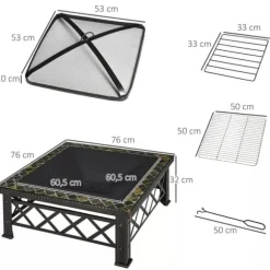 Outsunny 3-i-1 Brændes PSkål, Ildkurv, Ildsted med Gnistskærm, Grillrist, Iskøler, Have BBQ Sort 76x76x47cm (Skifer, Stål)