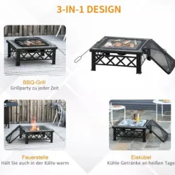 Outsunny 3-i-1 Brændes PSkål, Ildkurv, Ildsted med Gnistskærm, Grillrist, Iskøler, Have BBQ Sort 76x76x47cm (Skifer, Stål)