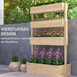 Outsunny 4-lags hijbed i grantræ - Naturtræ 88.5x45x140 cm - Lodret plantekasse til have og altan