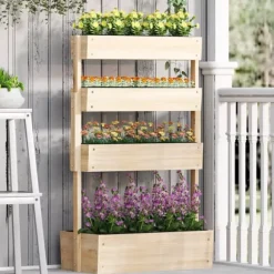 Outsunny 4-lags hijbed i grantræ - Naturtræ 88.5x45x140 cm - Lodret plantekasse til have og altan