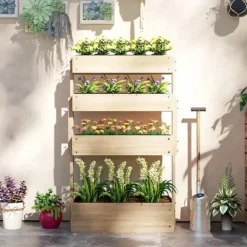 Outsunny 4-lags hijbed i grantræ - Naturtræ 88.5x45x140 cm - Lodret plantekasse til have og altan