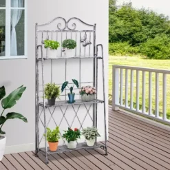 Outsunny Plantestativ Metal Blomsterstativ med 3 Hylder, Blomstertrappe til Have, Sølvgrå, 44x25x96cm