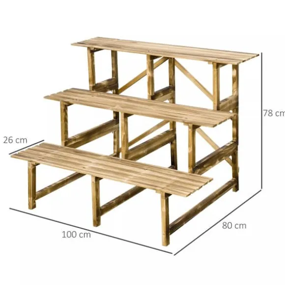 Outsunny Plantetrappe i fyrretræ, 3 trin, naturfarvet, 100 x 80 x 78cm
