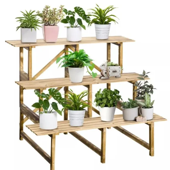 Outsunny Plantetrappe i fyrretræ, 3 trin, naturfarvet, 100 x 80 x 78cm