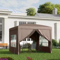Outsunny Pop-up Pavillon 3x3m - Vandafvisende, Vinterfast, UV50+, Kaffe Polyester, m. 4 Sidepaneler