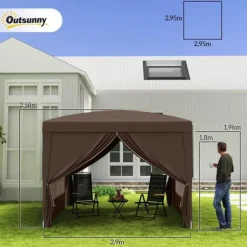 Outsunny Pop-up Pavillon 3x3m - Vandafvisende, Vinterfast, UV50+, Kaffe Polyester, m. 4 Sidepaneler