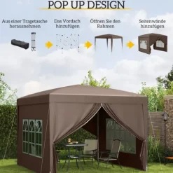 Outsunny Pop-up Pavillon 3x3m - Vandafvisende, Vinterfast, UV50+, Kaffe Polyester, m. 4 Sidepaneler