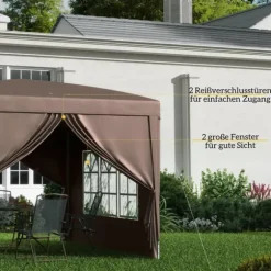 Outsunny Pop-up Pavillon 3x3m - Vandafvisende, Vinterfast, UV50+, Kaffe Polyester, m. 4 Sidepaneler