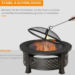 Outsunny rund bålsted med grill, gnistfang, bålkurv, ildtang og betræk, stål/sort, 81x81x50cm