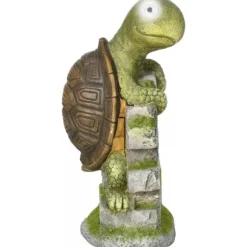 Outsunny Skildpadde Havefigur med Solcellelampe - Magnesiumoxid, Grøn/Brun, 36,5 cm