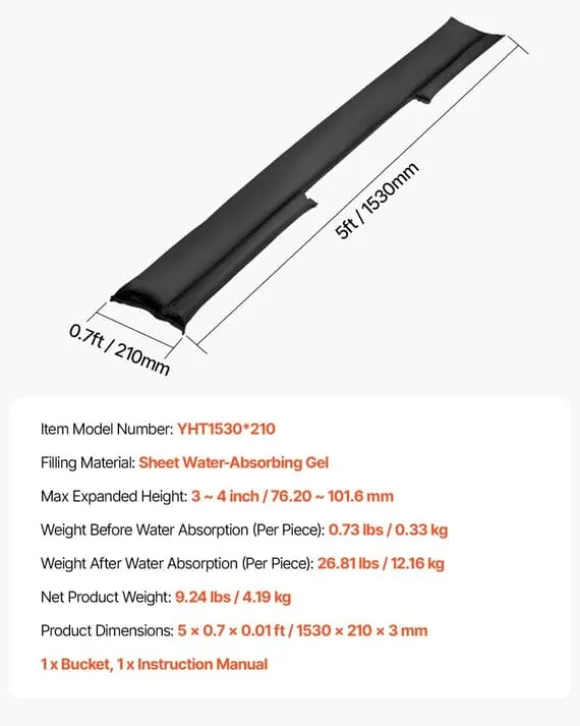Oversvømmelsesposer - Sandfri sandsække - 10-pak - Vandaktiveret - Vandabsorberende - Genanvendelig - 153 x 21 cm - Til kælder/garage/døre