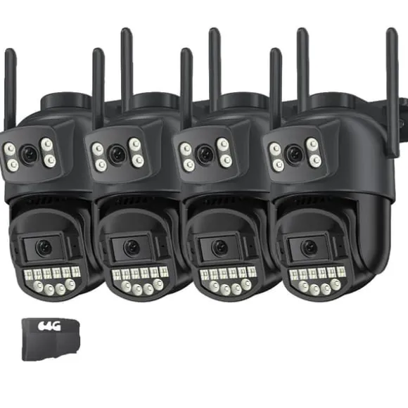 Overvågningskamera, Dobbelt Linse, Nattesyn,4PCs CAM 64G kort, EU stik