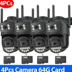 Overvågningskamera, Dobbelt Linse, Nattesyn,4PCs CAM 64G kort, EU stik