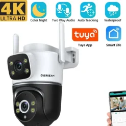 Overvågningskamera, 8MP opløsning, dual linse design,EU Stik, 1Pcs Wifi Ingen Kort