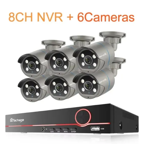 Overvågningskamera System, 8CH Support, H.265 Kompression,8CH NVR og 6 Kamera, 4T Indbygget HDD