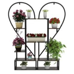 2-pak halvt hjerteformet planteholder i metal, 6-etagers havehylde med kroge, sort, str. S