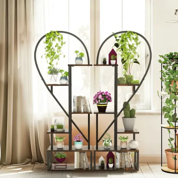 2-pak halvt hjerteformet planteholder i metal, 6-etagers havehylde med kroge, sort, str. S