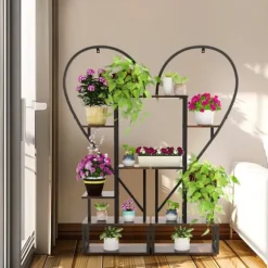 2-pak halvt hjerteformet planteholder i metal, 6-etagers havehylde med kroge, sort, str. S