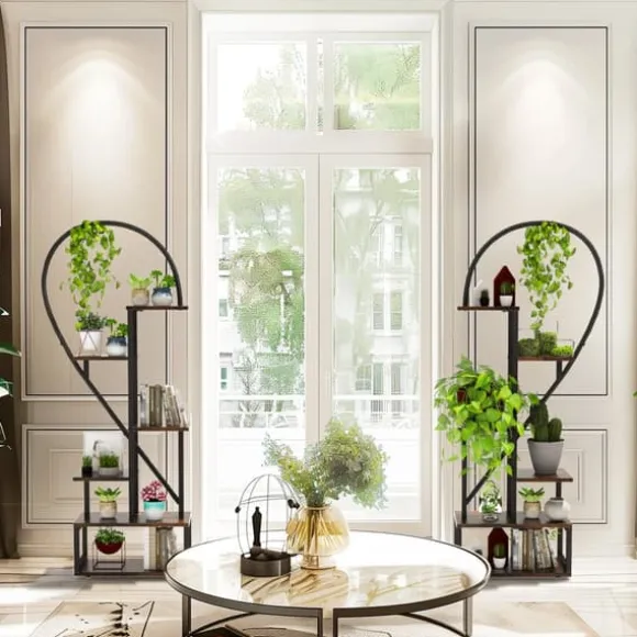 2-pak halvt hjerteformet planteholder i metal, 6-etagers havehylde med kroge, sort, str. S