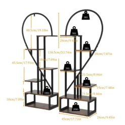 2-pak halvt hjerteformet planteholder i metal, 6-etagers havehylde med kroge, sort, str. S