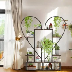 2-pak halvt hjerteformet planteholder i metal, 6-etagers havehylde med kroge, sort, str. S