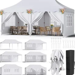 Partytelt Pavillon 3x6 m - Pop up Gazebo - Vandtæt - UV50+ - HDPE med PU-belægning - Aluminiumsramme - Sidevægge medfølger - Hvid