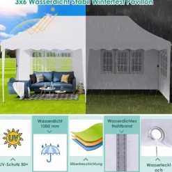 Partytelt Pavillon 3x6 m - Pop up Gazebo - Vandtæt - UV50+ - HDPE med PU-belægning - Aluminiumsramme - Sidevægge medfølger - Hvid