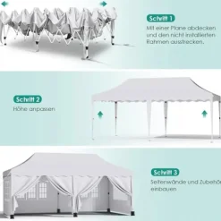 Partytelt Pavillon 3x6 m - Pop up Gazebo - Vandtæt - UV50+ - HDPE med PU-belægning - Aluminiumsramme - Sidevægge medfølger - Hvid