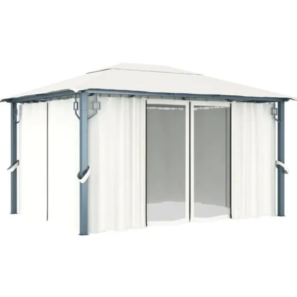 Paviljong med gardin och ljusslinga LED - Eleganta utomhuslösningen | Färg: Gräddvit | Storlek: 4x3 m