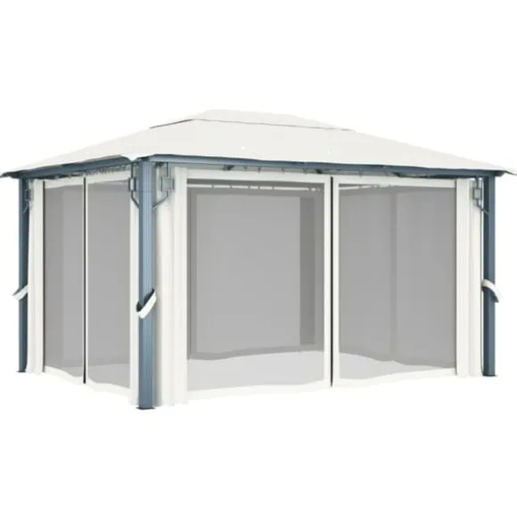 Paviljong med gardin och ljusslinga LED - Eleganta utomhuslösningen | Färg: Gräddvit | Storlek: 4x3 m