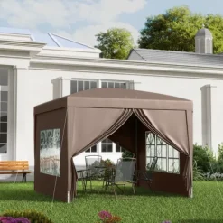 Pavillon ca. 3x3 m pop-up, vandafvisende, vintertålelig, UV-beskyttelse 50+, 4 sidevægge & taske, kaffebrun