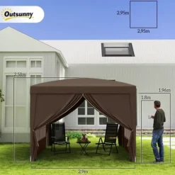 Pavillon ca. 3x3 m pop-up, vandafvisende, vintertålelig, UV-beskyttelse 50+, 4 sidevægge & taske, kaffebrun