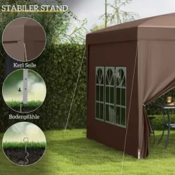 Pavillon ca. 3x3 m pop-up, vandafvisende, vintertålelig, UV-beskyttelse 50+, 4 sidevægge & taske, kaffebrun