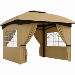 Pavillon ca. 3,4x3,4 m, vandafvisende, 4 sidevægge & dobbelt tag, galvaniseret stel, beige